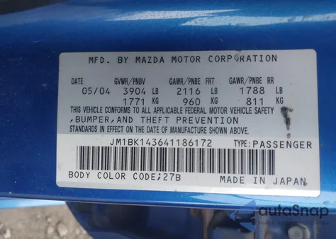 2004 Mazda 3 S z USA, uszkodzony, nr VIN JM1BK143641186172